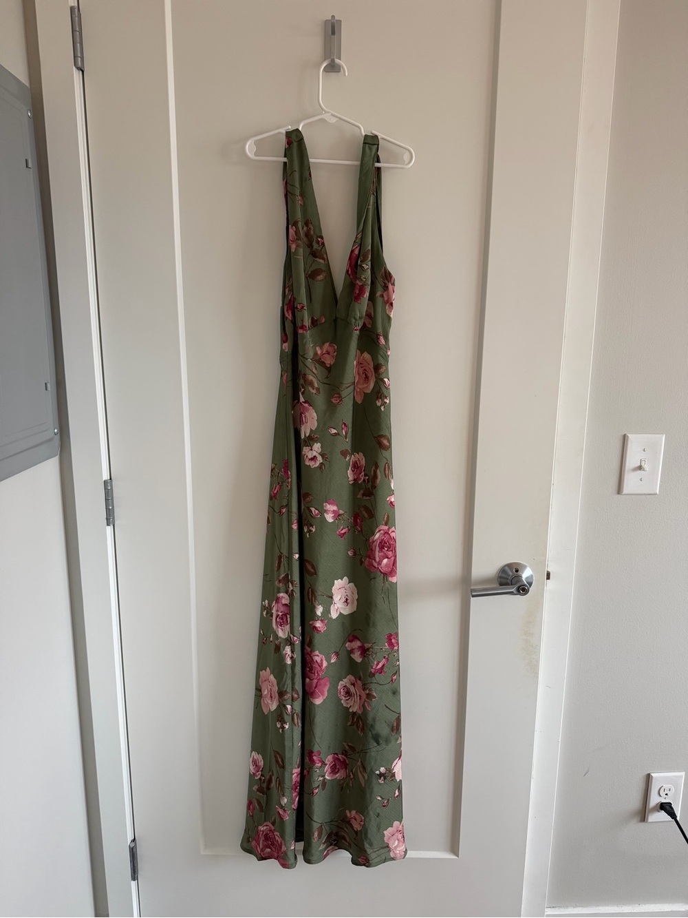 Olive Green Floral Maxi Dress - Sleeveless V-Neck